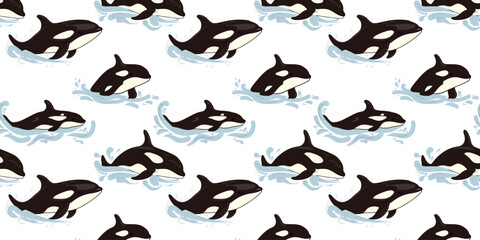 Seamless pattern with cute cartoon killer whales or orca, vector illustration © Tetiana Kasatkina