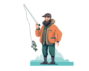 Man fisherman with a fish on a rod, fishing sport. Flat vector illustration