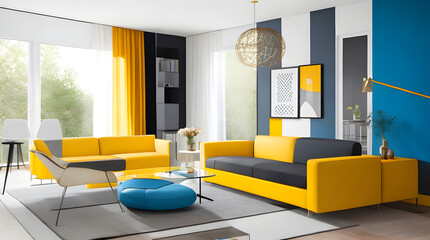 A modern living room with sleek lines and bold colors