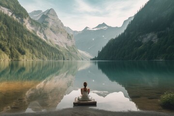 Traveler enjoying crystal clear mountain lake. Travel and nature. Serenity and tranquility.