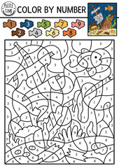 Vector under the sea color by number activity with wrecked ship and fish. Ocean life scene. Black and white counting game with ruined boat. Coloring page for kids with underwater landscape.