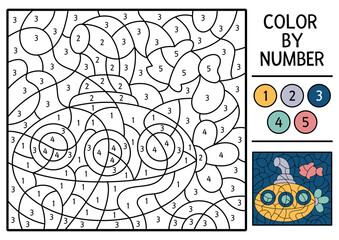 Vector under the sea color by number activity with submarine and fish. Ocean life scene. Black and white counting game with boat. Coloring page for kids with underwater landscape.