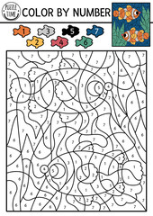 Vector under the sea color by number activity with clownfish and seaweeds. Ocean life scene. Black and white counting game with water animal. Coloring page for kids with underwater landscape.