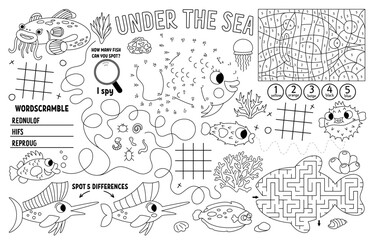 Plakat Vector under the sea placemat for kids. Ocean life printable activity mat with maze, tic tac toe charts, connect the dots, find difference. Underwater black and white play mat or coloring page.