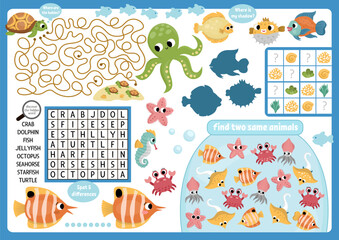 Vector under the sea placemat for children. Ocean life printable activity mat with maze, word search puzzle, shadow match, find difference. Underwater play mat, menu, kids magazine spreadsheet.