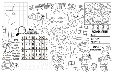 Vector under the sea placemat for kids. Ocean life printable activity mat with maze, tic tac toe charts, connect the dots, find difference. Underwater black and white play mat or coloring page.