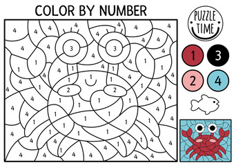 Vector under the sea color by number activity with red crab. Ocean life scene. Black and white counting game with water animal. Coloring page for kids with underwater landscape