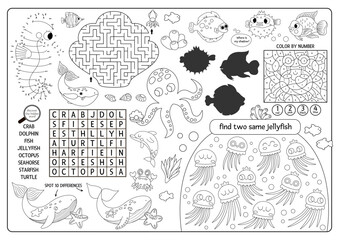 Vector under the sea placemat. Ocean life line printable activity mat with maze, word search puzzle, shadow match, find difference. Underwater black and white play mat, menu, coloring page.