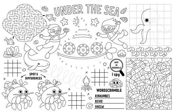 Vector under the sea placemat for kids. Ocean life printable activity mat with maze, tic tac toe charts, connect the dots, find difference. Underwater black and white play mat or coloring page.
