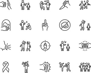 Vector set of violence line icons. Contains icons harassment, abuse, profanity, bullying, assault, domestic violence, fight, insult, victim, molestation and more. Pixel perfect.