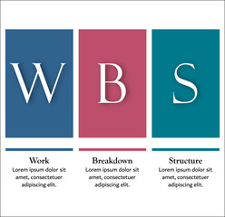 WBS - Work Breakdown Structure Acronym. Infographic template with icons and description placeholder