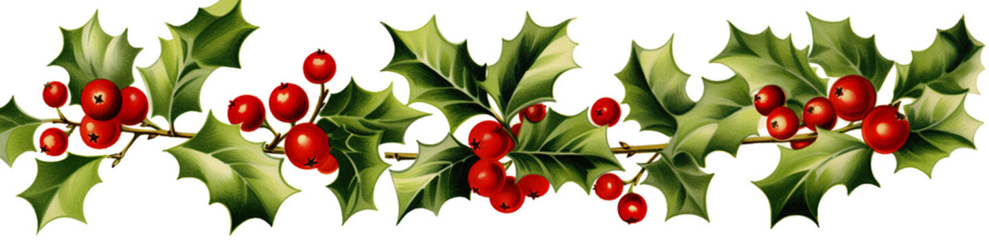A branch of holly with red berries and green leaves. Generative AI. Decorative clipart element on white background.