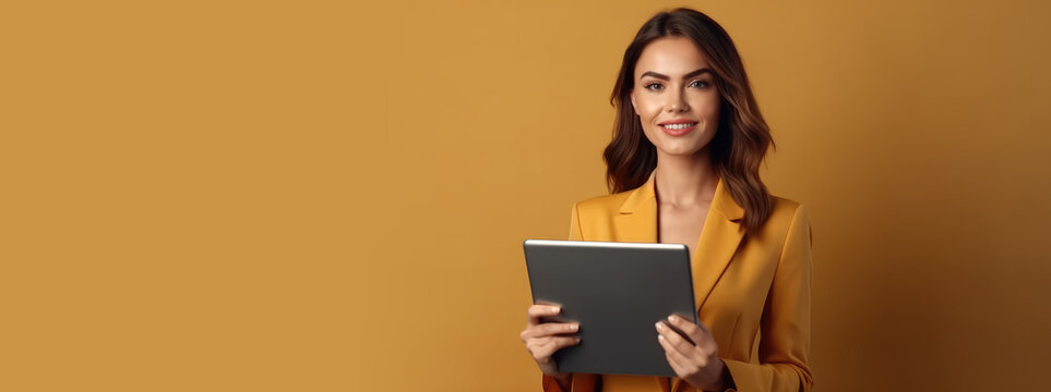 Young happy business woman using tablet device. Generative AI