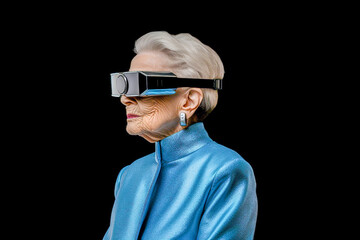 Old woman using VR glasses created with Generative AI technology