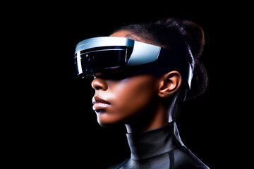 Young woman using VR glasses created with Generative AI technology