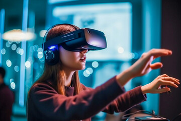 Attractive woman wearing VR glasses created with Generative AI technology