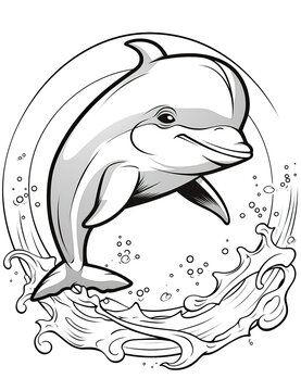 A dolphin jumping out of the water. Generative AI. Coloring book for kids.
