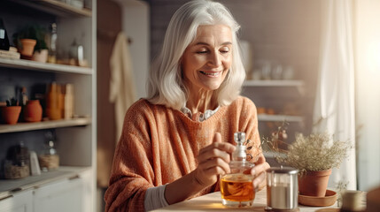 Woman hands holding massage or cosmetics oil bottle for applying drops to skin of face. Female hold oil. Concept of healthy lifestyle and self care. Generative AI