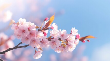 Beautiful cherry blossom, pink Sakura flower branch against background of blue sky. Generative AI.