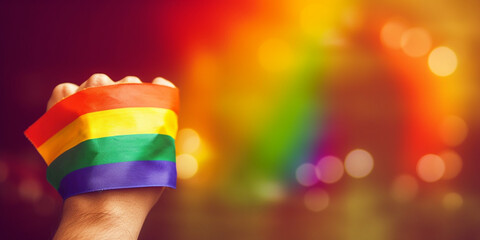 Fröhlicher Pride-Monat 2024 mit Regenbogenarmband und Hintergrund, Konzept für LGBT Gemeinschaftsfeierlichkeiten im Pride Monat Juni