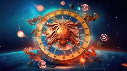 Fototapeta premium Astrology calendar. Crab magical zodiac sign astrology. Esoteric horoscope and fortune telling concept. CANCER zodiac in universe. Generative AI