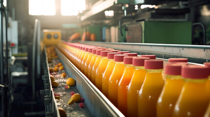 Conveyor in the production of juice, sweet water, orange bottles in the factory, natural product. Fruit residues generated ai.