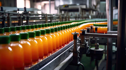 Conveyor in the production of juice, sweet water, orange bottles in the factory, natural product. generated ai. - Powered by Adobe