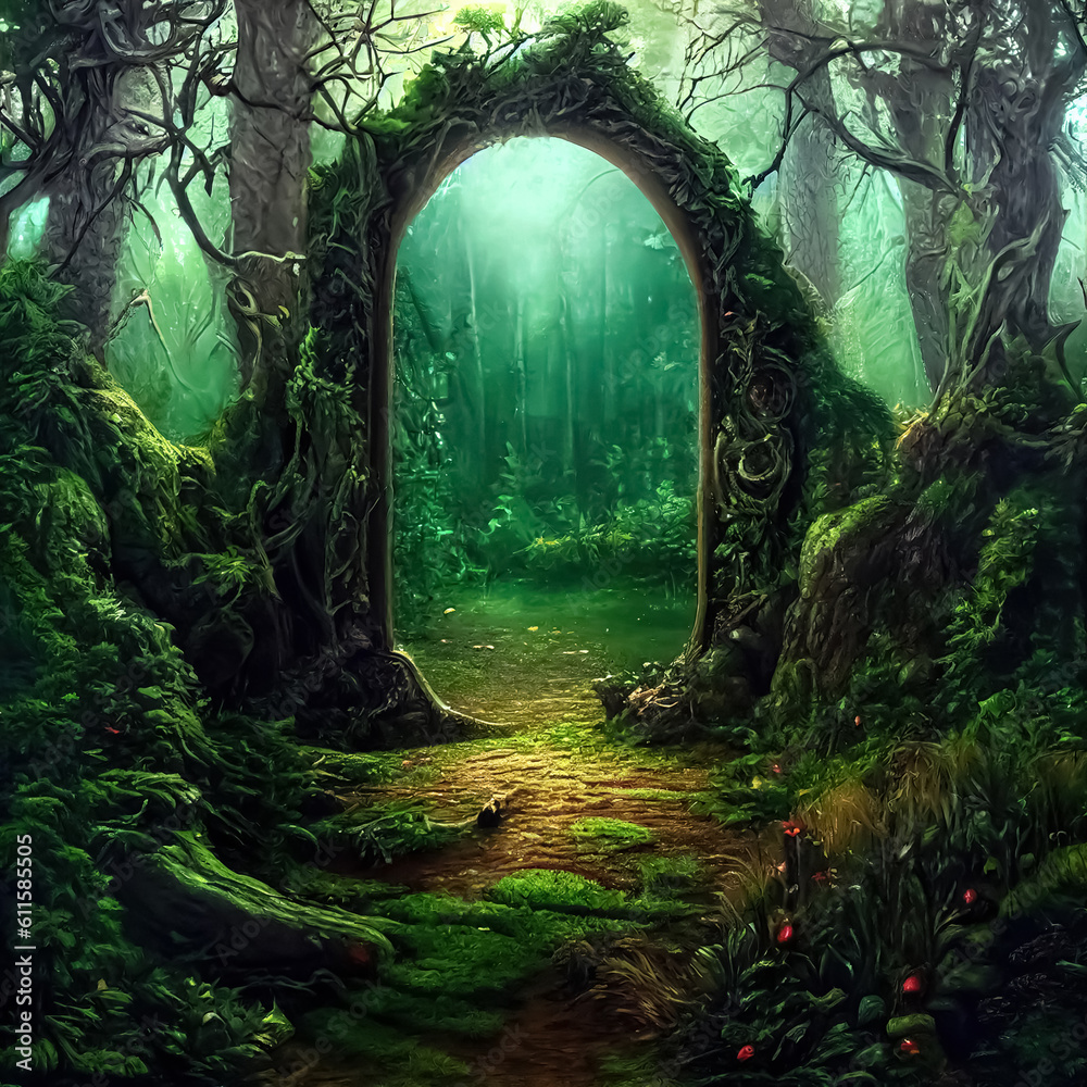 Aufkleber magic teleport portal in mystic fairy tale forest. gate to parallel fantasy surreal world. generativ