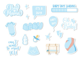 Baby Boy Stickers Vector Set, Pregnancy and Newborn Sticker Set