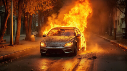 The car is on fire, flame and smoke on the street, danger, accident insurance. Electrical wiring generated ai.