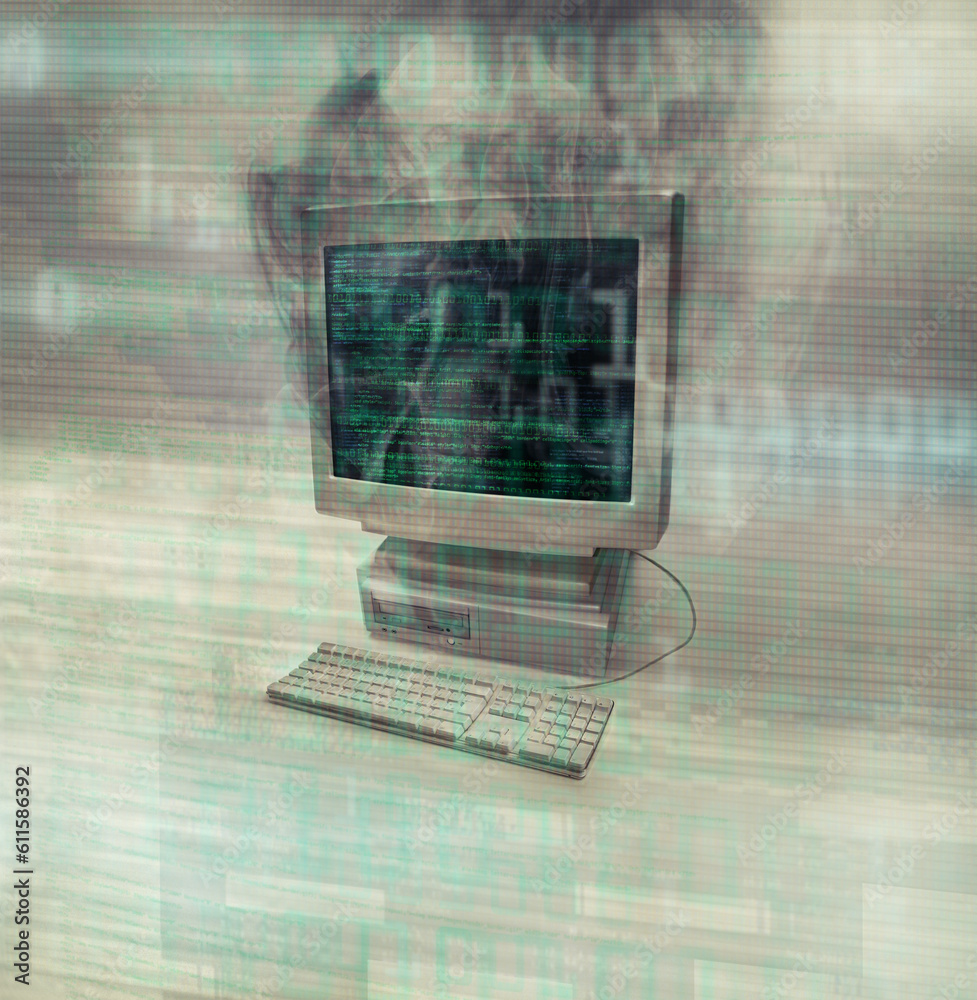 Poster smoke, computer problem and code overlay with no people and broken screen with burning. isolated, wh