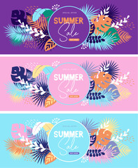 Fototapeta na wymiar Set of colorful summer big sale tropical banners with tropic leaves. Summertime template collection. Vector illustration