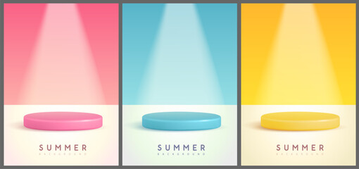 Set of colorful summer backgrounds with stage and spot light. Colorful minimal scene. Vector illustration