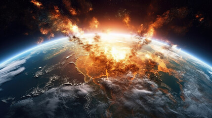 Obraz na płótnie Canvas Explosion on planet Earth, asteroid, apocalypse, destruction, war. View from space. generated ai.