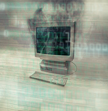 Smoke, computer problem and code overlay with no people and broken screen with burning. Isolated, white background and double exposure with issue from pc virus, cyber burnout and system overload