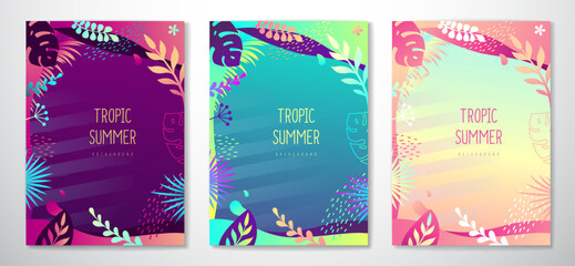 Set of colorful gradient summer banners with fluorescent tropic leaves. Summertime template collection. Vector illustration