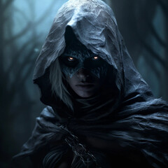 A Female Wizard With White Hair and Glowing Eyes Wearing a Hood