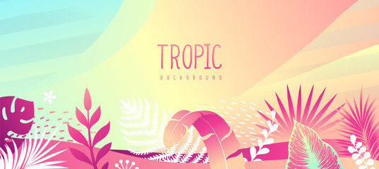 Colorful gradient summer background with fluorescent tropic leaves. Summertime template. Vector illustration