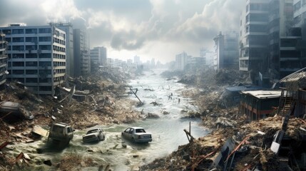 A tsunami destroys a city, a disaster and a catastrophe, a natural phenomenon, a cataclysm, an Armageddon, a post-apocalyptic town. flood generated ai. - obrazy, fototapety, plakaty