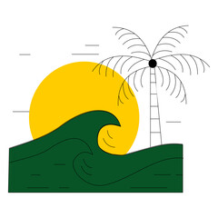 sunset view of a beach, surf and palm trees in silhouette