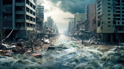 A tsunami destroys a city, a disaster and a catastrophe, a natural phenomenon, a cataclysm, an Armageddon, a post-apocalyptic town. street generated ai. - obrazy, fototapety, plakaty