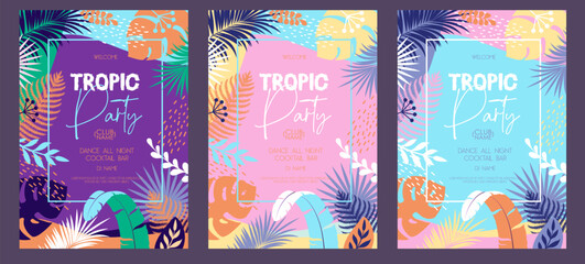 Set of Colorful summer disco party poster with tropic leaves. Summertime background. Vector illustration