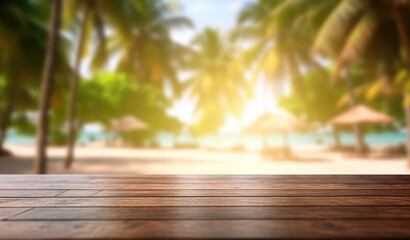 Empty wooden table on blurred tropical beach background