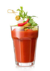 Vodka and tomato juice bloody mary cocktail in large glass on white background.