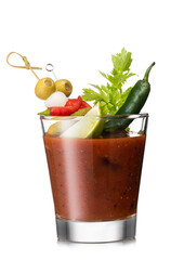 Bloody mary cocktail mix with red and green pepper and olive, celery,olives and lime slice on white background.