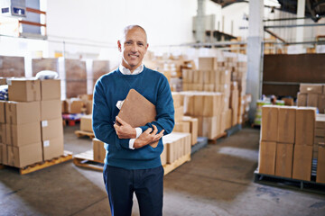 Checklist, smile and portrait of man in warehouse for cargo, storage and shipping. Distribution,...