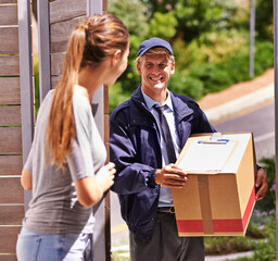 Delivery, shipping and box with courier and woman at door for logistics, cargo and supply chain. Ecommerce, package and export with man and customer at home for distribution, freight and retail - obrazy, fototapety, plakaty