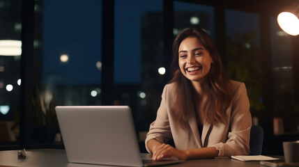 Young business woman in a remote meeting on laptop