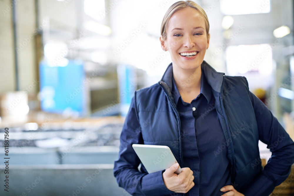 Poster Tablet, delivery and portrait of woman in factory for manufacturing, networking and inventory. Distribution, industrial and technology with employee in warehouse for inspection, export and storage