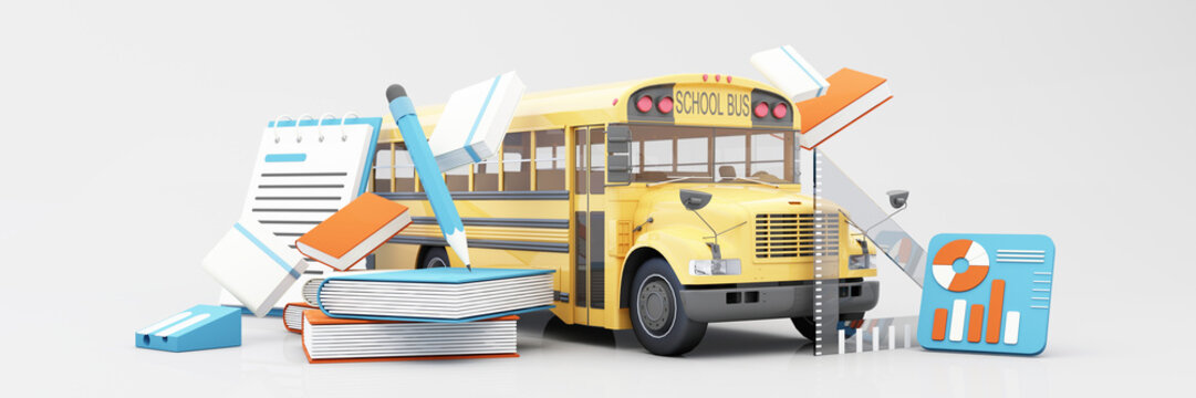 Back to school with school supplies and equipment. School bus with school accessories and books on pastel color orange and blue tone background realistic cartoon. 3D Rendering, widescreen